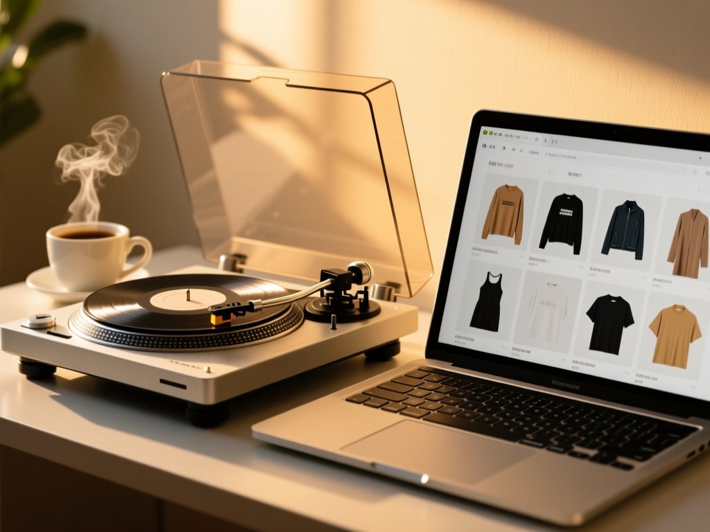 A minimalist turntable beside a laptop showing a merchandise grid during golden hour, soft shadows, coffee cup steam rising, warm natural lighting, no text.