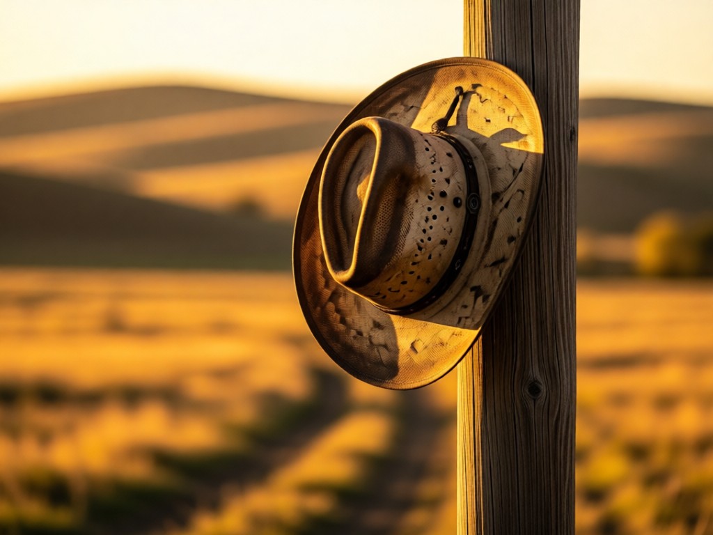 A weathered cowboy hat hanging on a wooden post against sunset fields. Soft focus rolling hills in background. Golden light creates long shadows. Symbolic of connection. No people.
