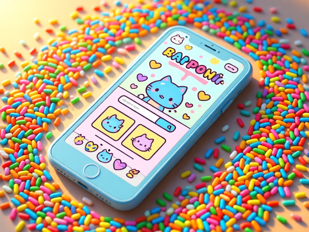 Rainbow sprinkles scattered around a pastel blue phone showing a kawaii website template. Golden hour lighting. No people.
