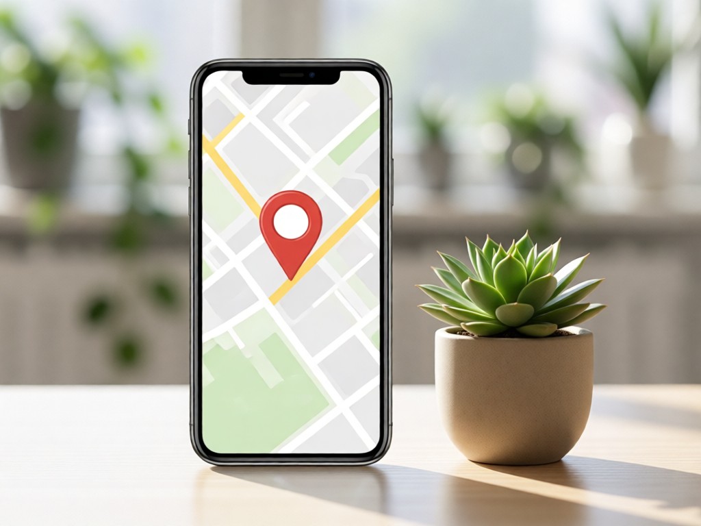 Smartphone showing a map pin location on minimalist interface. Next to a small potted succulent. Soft focus background. No people.