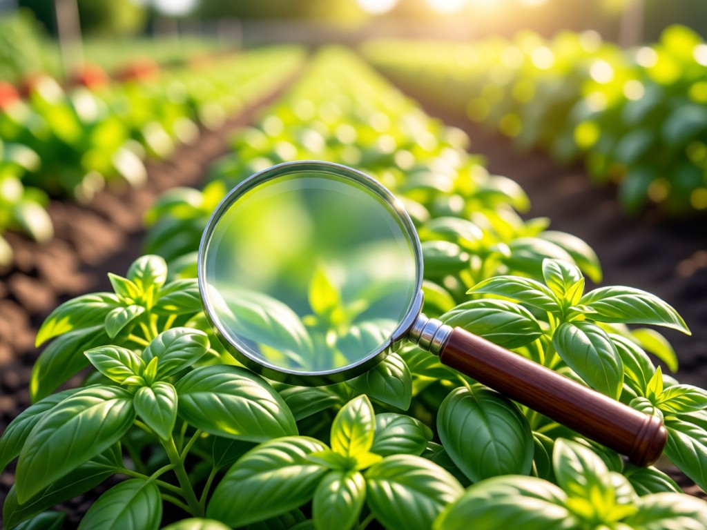 A magnifying glass lying on a bed of fresh basil leaves. Blurred background shows sunlit vegetable garden rows. Focus on discovery. No people.
