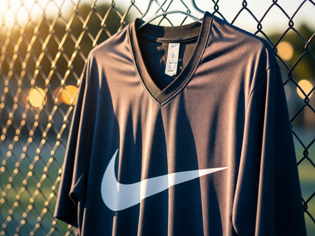 A close-up of a Nike jersey hanging neatly against a chain-link fence. Afternoon sun highlights fabric texture and the iconic swoosh. Background blurred with bokeh lights. No people.