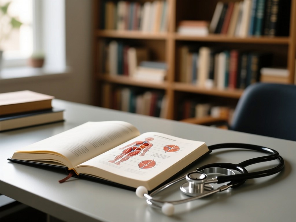 An open journal with medical diagrams beside a stethoscope on a desk. Soft focus on background bookshelves. Natural light creates depth. No people.