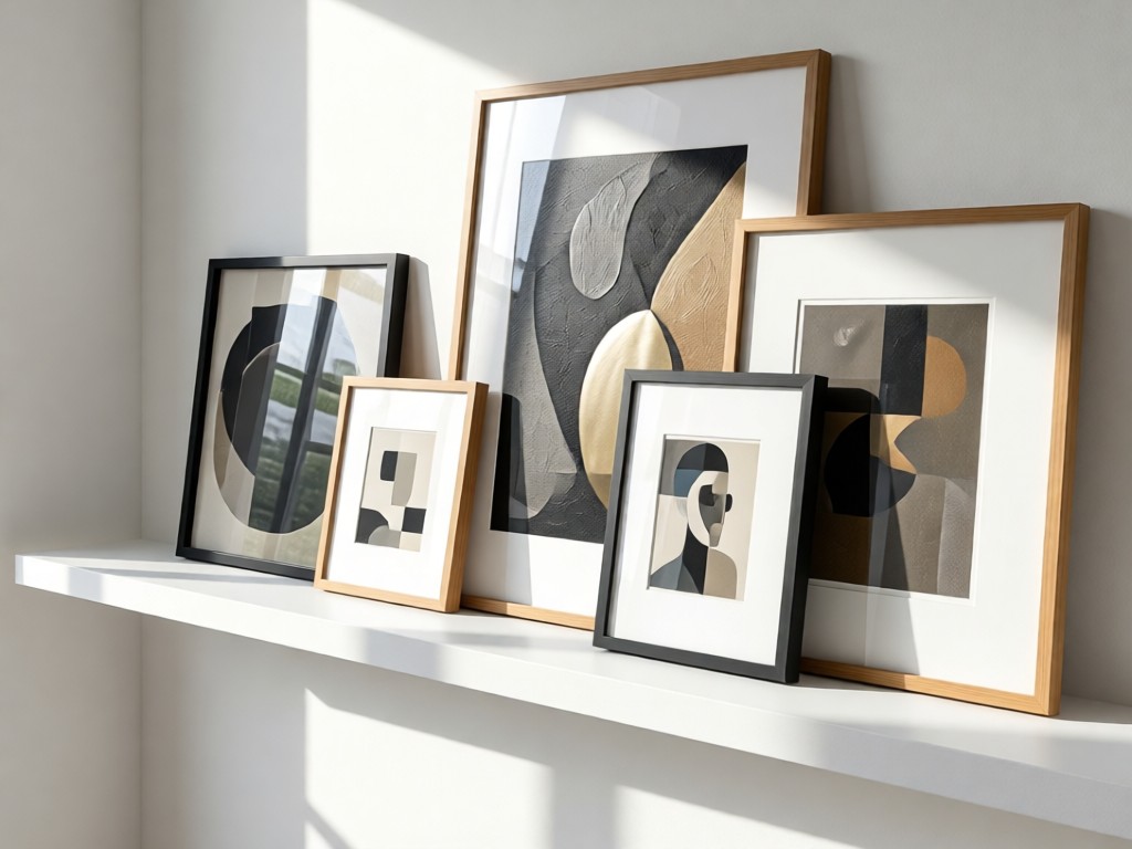 A minimalist white shelf displaying framed art prints in various sizes. Natural light highlights texture differences between matte and glossy finishes. No people.