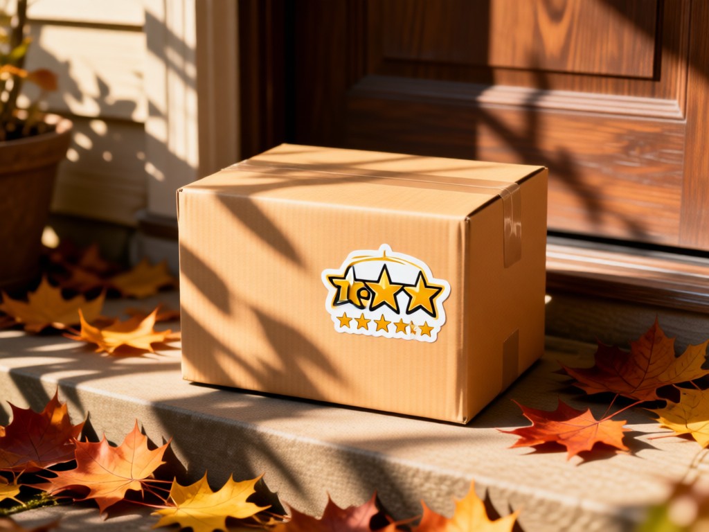 A five-star rating sticker on a delivery box in dappled sunlight. The box sits on a doorstep surrounded by autumn leaves. Warm, trustworthy atmosphere. No people.