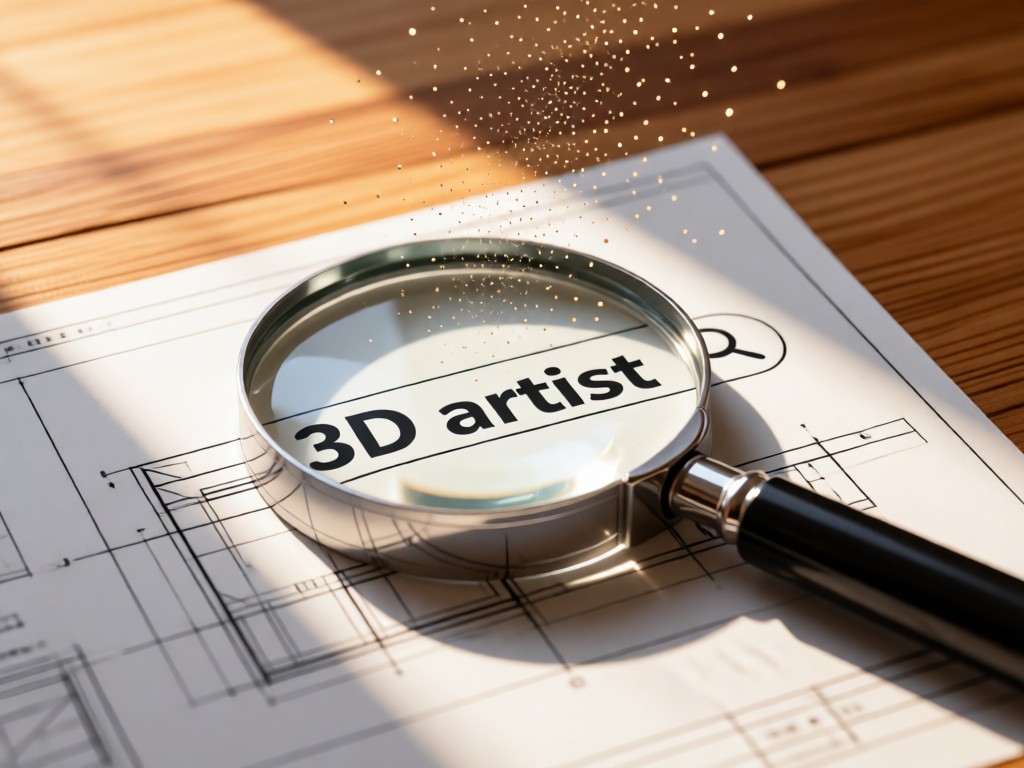A magnifying glass resting on blueprint paper with '3D artist' search terms. Sunlight highlights floating dust particles. Warm wood textures in background. No people. Minimalist composition.