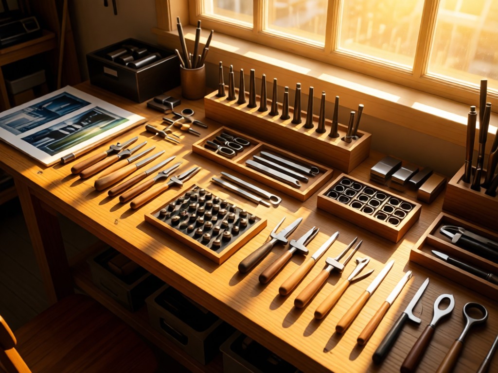 Aerial view of a meticulously arranged printmaker's toolkit on a sun-drenched workbench. Golden hour light emphasizes precision tools. Symbolizes organization and craft. No people.