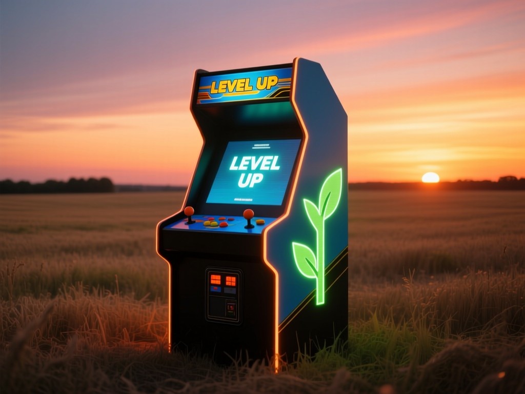 Single arcade cabinet glowing in an empty field at sunset, screen showing 'LEVEL UP', warm gradients in sky, long shadows, symbolizing growth and visibility.