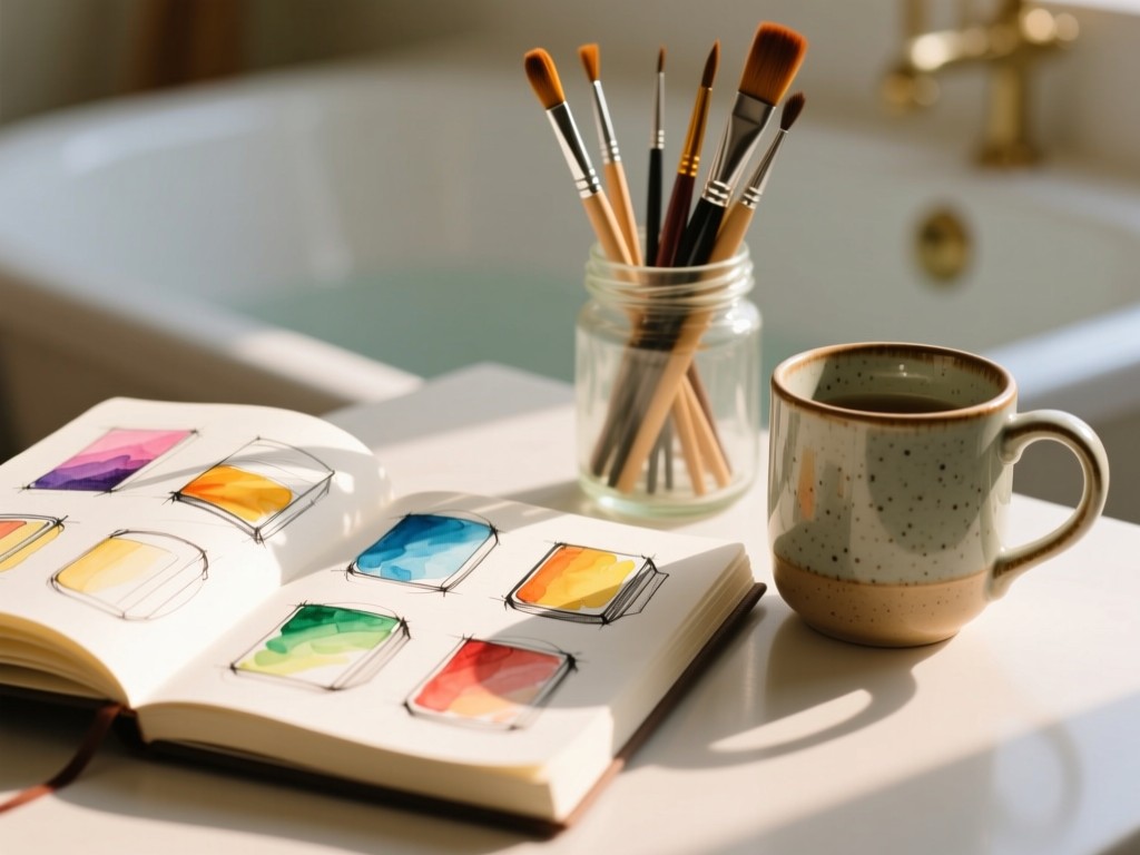 An open sketchbook showing colorful design concepts beside a ceramic mug. Soft focus on watercolor brushes in a jar, bathed in warm afternoon light. Clean composition with breathing room. No people.