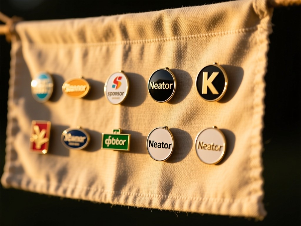 Neatly arranged sponsor badge pins on a textured fabric banner during golden hour, warm light creating soft shadows, minimalist composition with negative space, shallow focus, no text.
