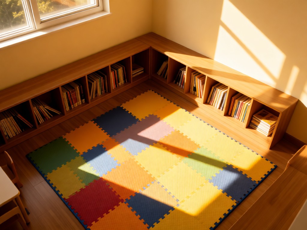 An aerial view of a welcoming childcare corner with a low bookshelf and sunlit play mat. Soft shadows define the space. Symbolizes safety and discovery. Golden hour lighting. No people.