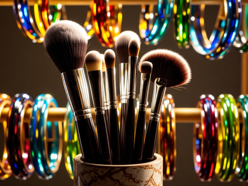 Neatly arranged makeup brushes standing upright in a holder against a backdrop of traditional multicolored glass bangles. Soft directional light creates warm highlights and soft shadows. Symbolizes organization and cultural fusion. No people.