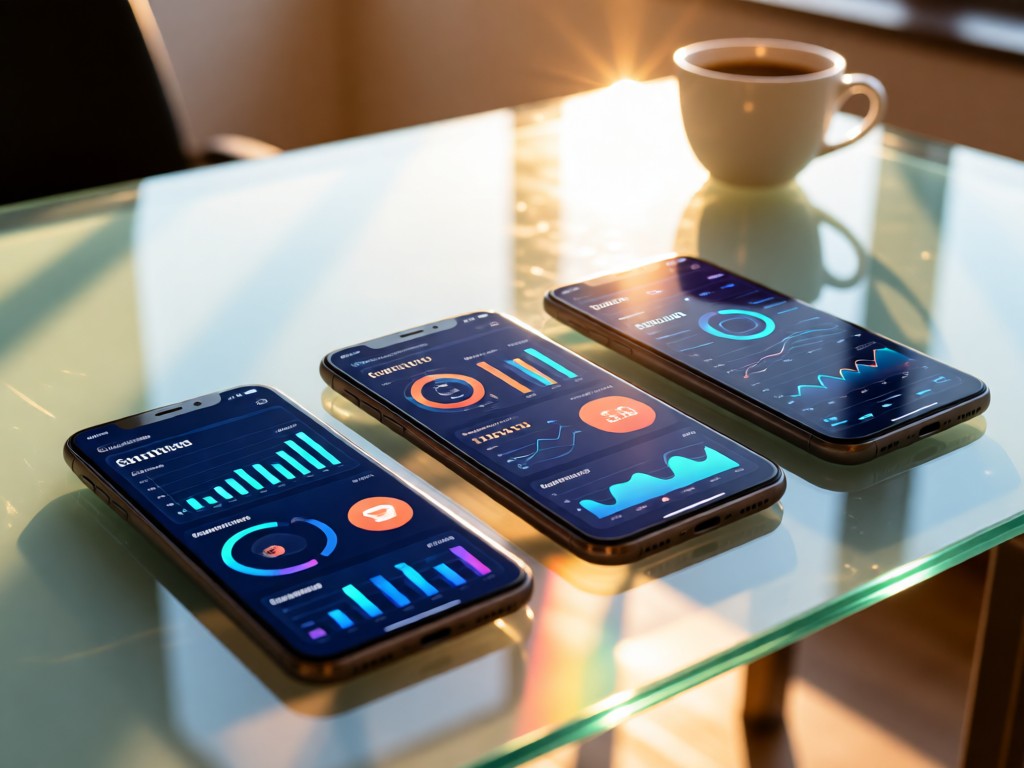 A clean glass desk with three smartphones displaying different campaign dashboards. Morning light creates warm reflections on the devices. A coffee cup sits blurred in the background. No people.