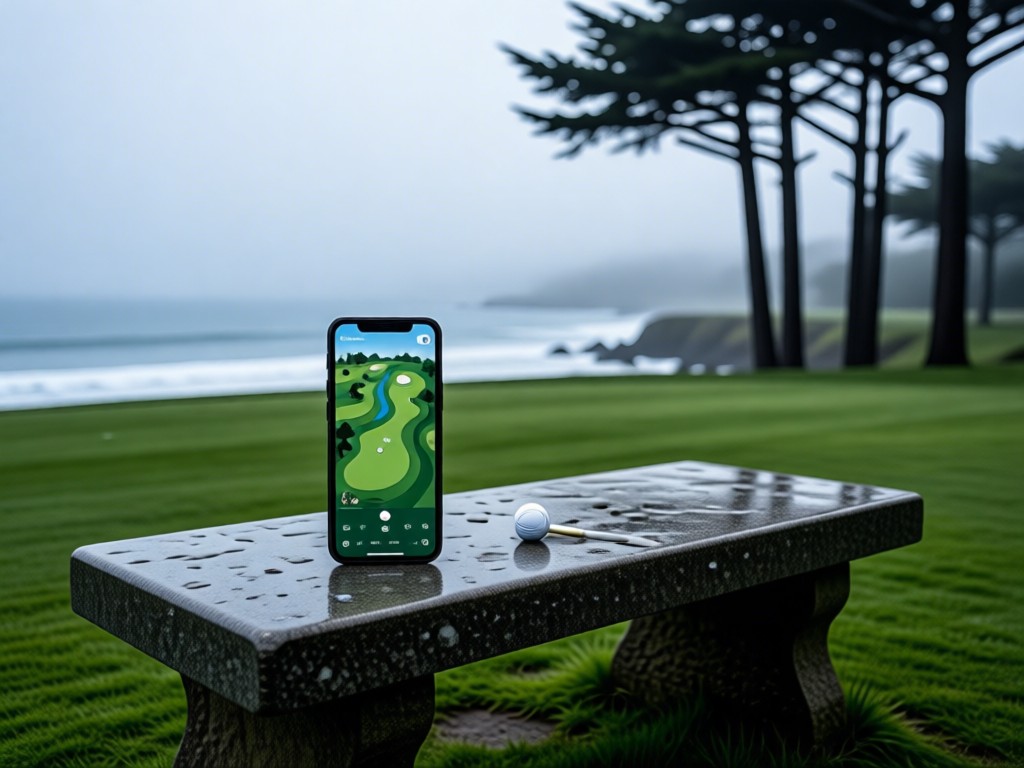 A smartphone displaying a golf course map on a stone bench beside the 18th hole. Misty ocean backdrop with cypress trees silhouetted. No people.