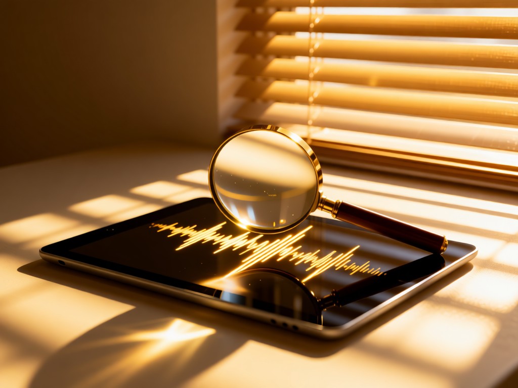 A magnifying glass focusing on sound waves visualized on a tablet screen. Golden light filtering through window blinds. Minimalist composition.
