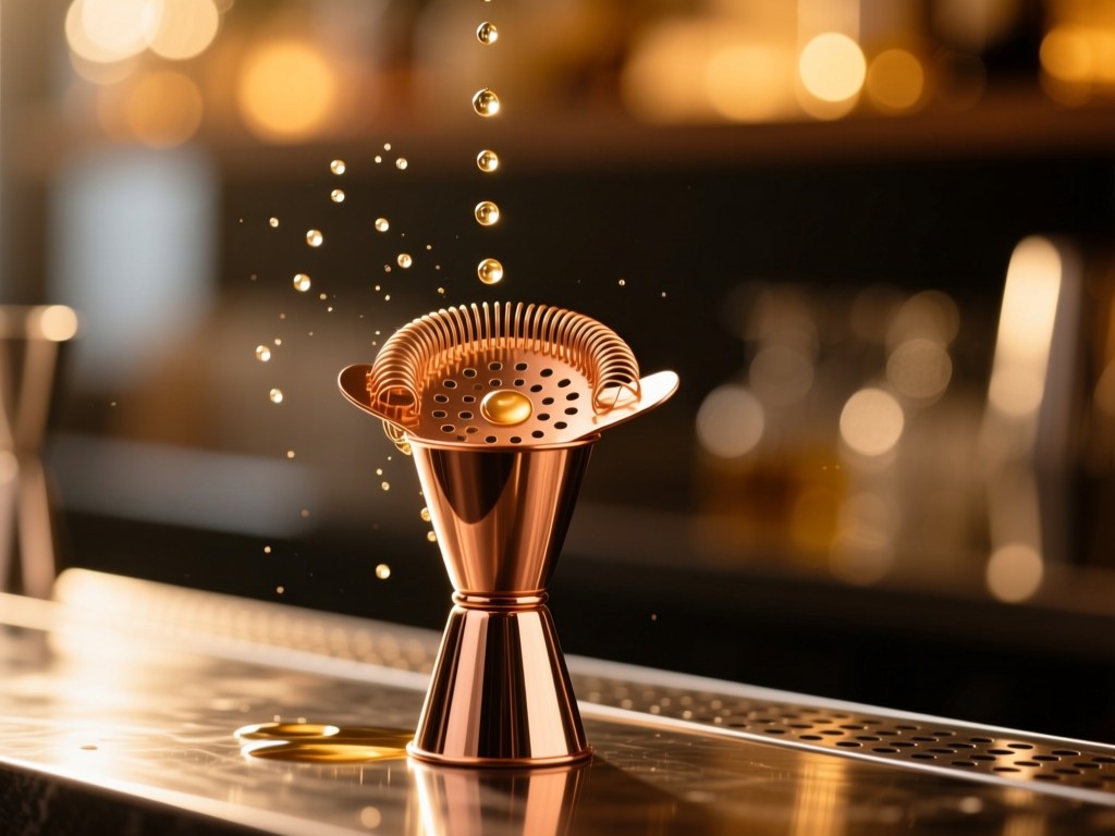 A single copper cocktail strainer catching golden hour light on a bar, liquid droplets suspended mid-air symbolizing efficiency, warm bokeh background, minimalist metal texture, no people.