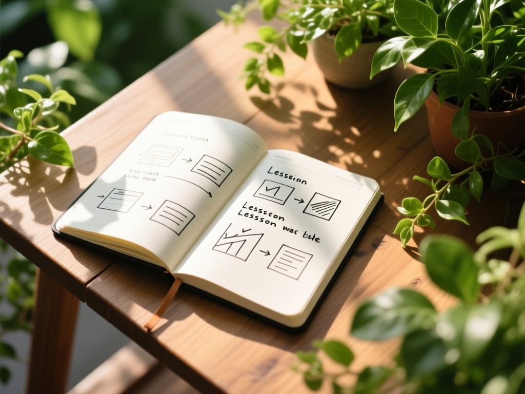 An aerial view of a single open notebook with handwritten lesson plans surrounded by fresh greenery on a wooden table. Sunlight creates natural spotlight effect. Symbolizes clarity and organization. No people.