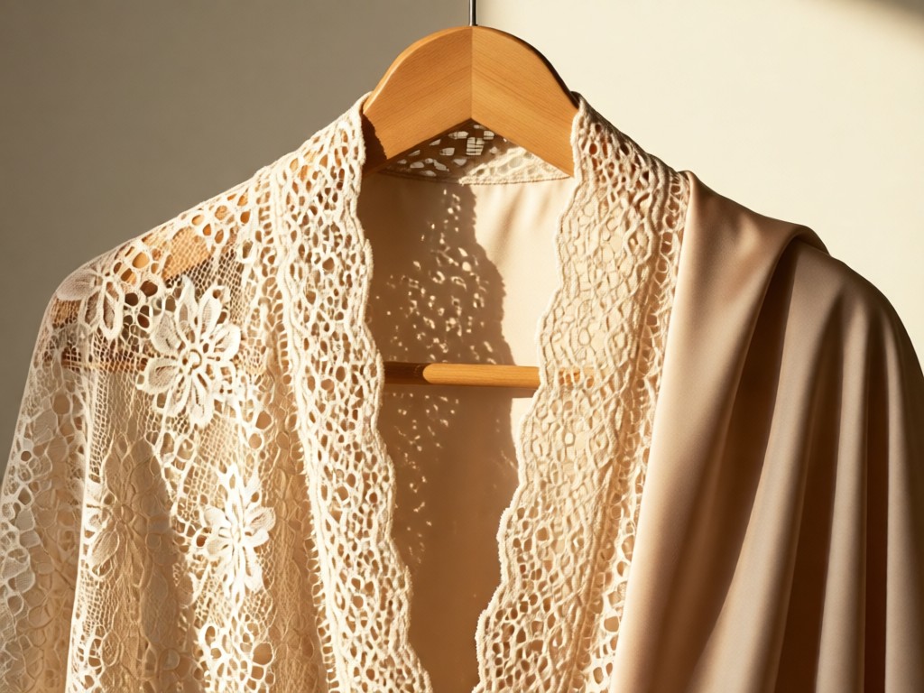 Close-up of lace and silk fabrics draped over a wooden hanger. Soft sunlight reveals intricate patterns and textures. Minimalist composition with warm tones. No people.