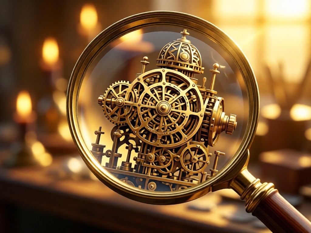 A magnifying glass focusing on intricate gandy craftsmanship details. Soft bokeh background with golden hour light. Symbolizes discovery and attention to detail.