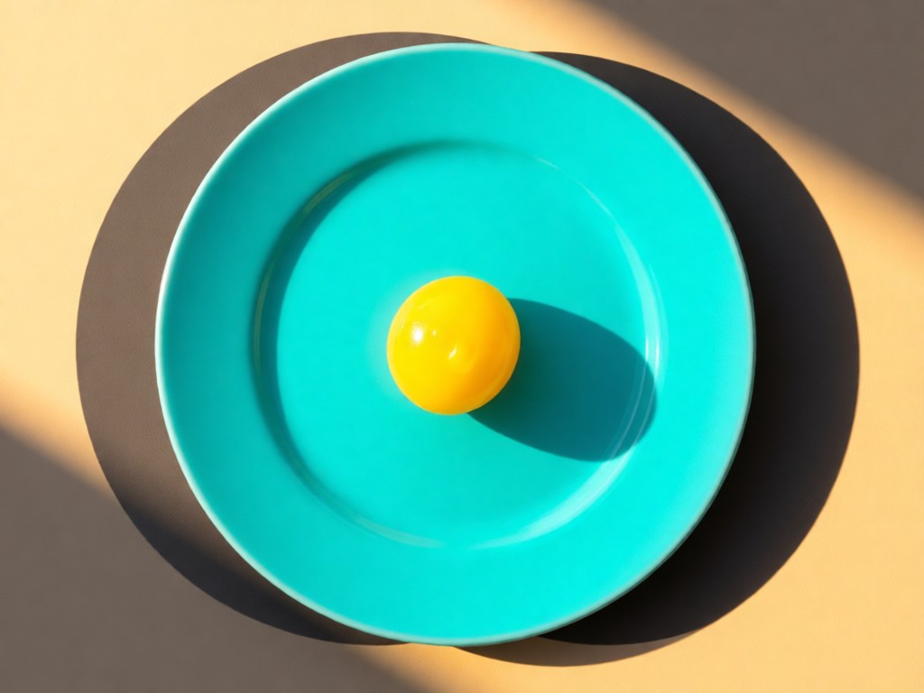 Aerial view of a single yellow peep candy centered on a vibrant turquoise plate, surrounded by negative space. Soft shadows and golden hour lighting create focus. No people.