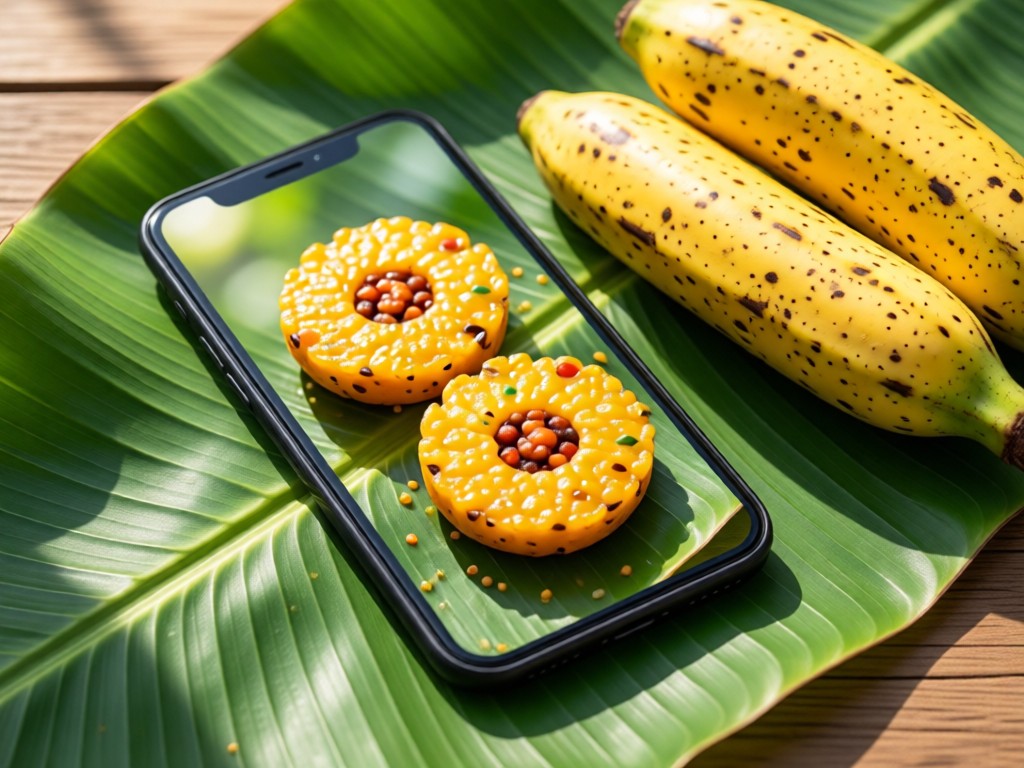 A smartphone displaying vibrant tostones on a banana leaf beside actual plantains. Natural light illuminates the tropical textures. No people.