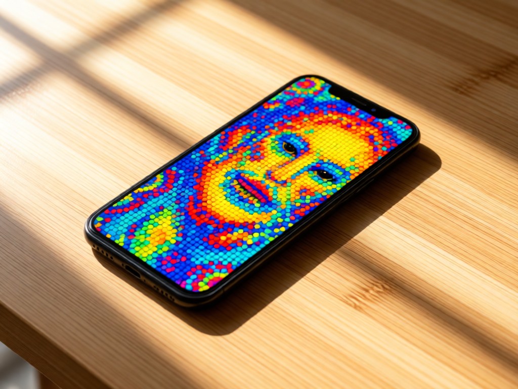 A sleek smartphone displaying a colorful pompis artwork on a minimalist bamboo desk. Sunlight highlights the screen's vivid colors against natural wood grain.