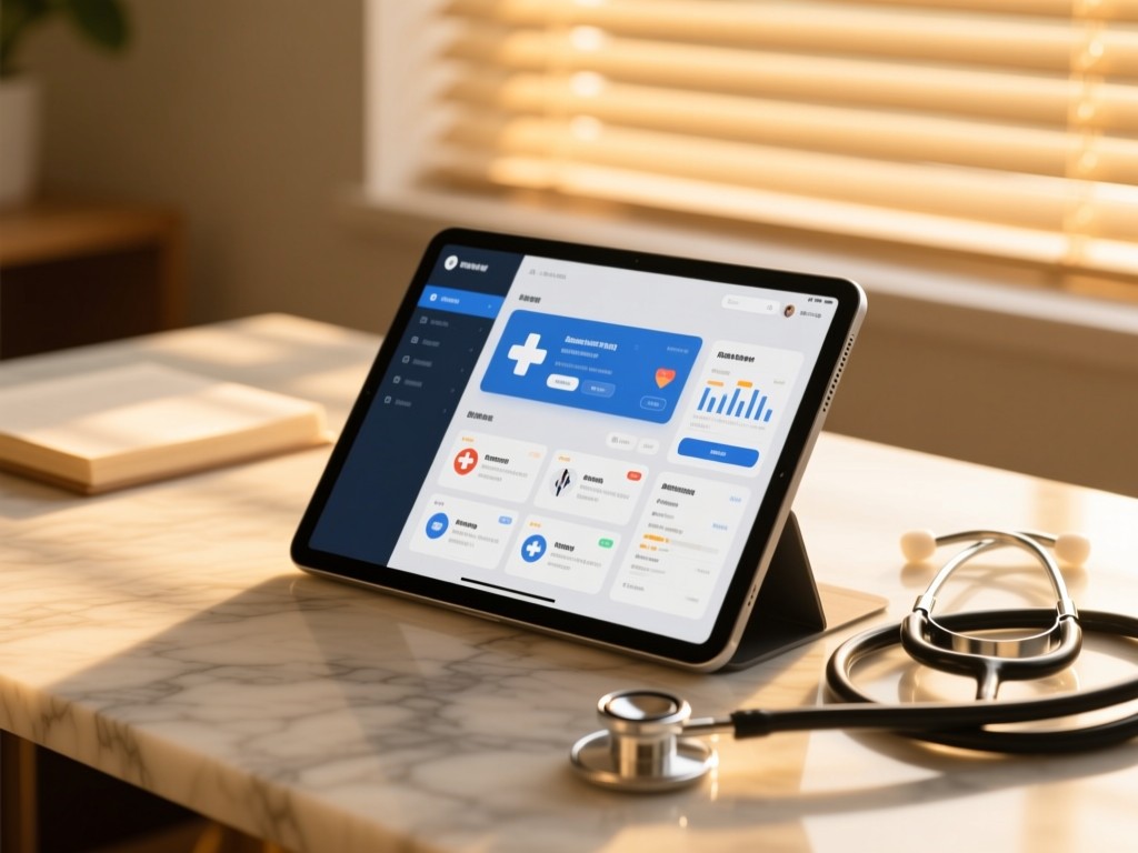 A sleek tablet on a marble desk at golden hour, screen showing organized medical resources interface, soft sunlight through blinds, stethoscope nearby, shallow depth of field, warm tones.
