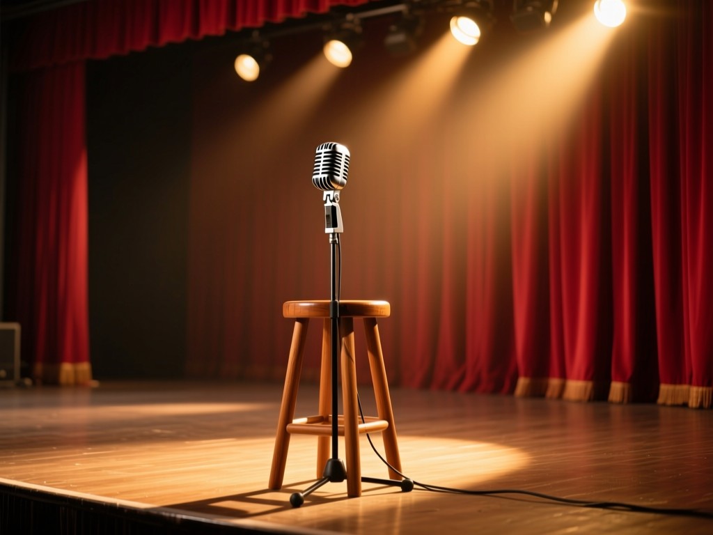 A vintage microphone on a wooden stool in a spotlight on an empty stage during golden hour, warm stage lights, deep red curtains, shallow depth of field, no people.