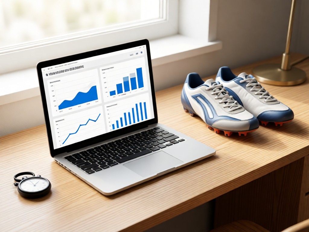 A minimalist desk with an open laptop displaying clean data charts. Beside it, a pair of clean cleats and a stopwatch. Soft window light illuminates wood grain. No people.