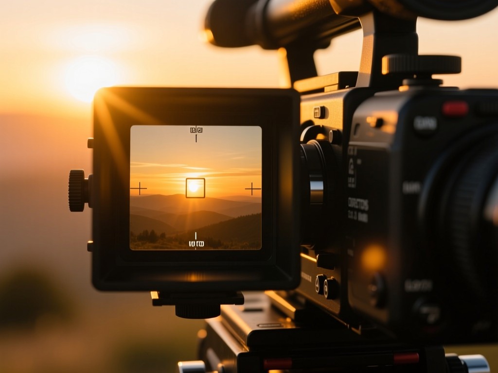 A director's viewfinder pointing toward a sunset during golden hour, warm light streaming through the lens, shallow depth of field, symbolic of vision and opportunity.