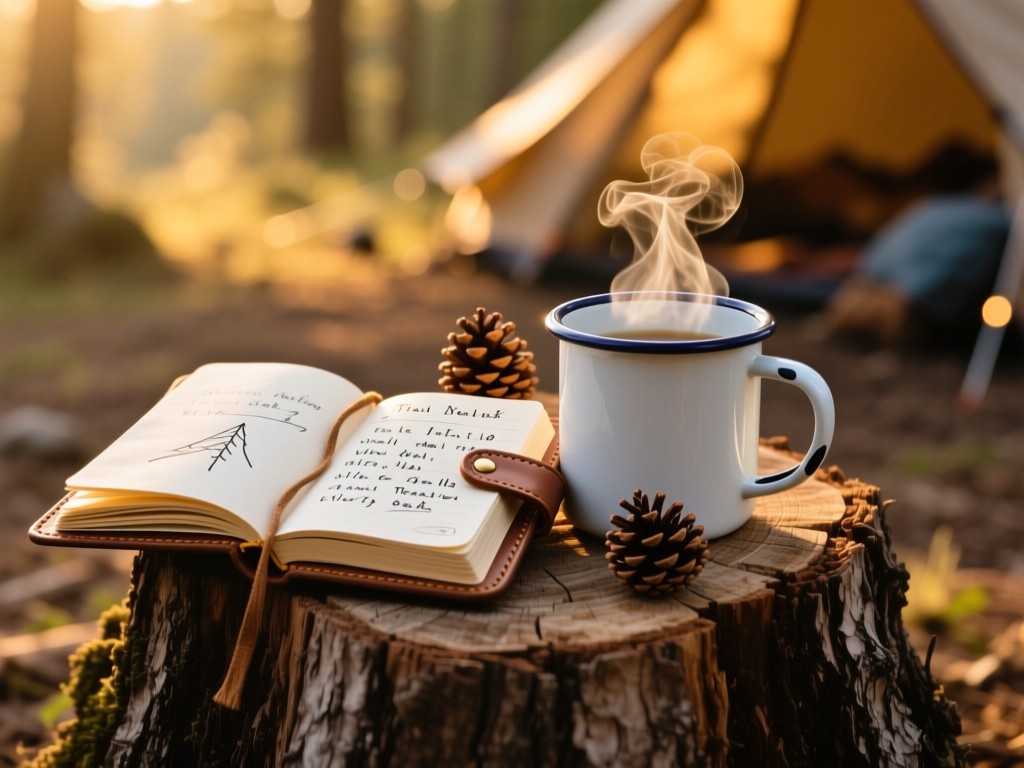 An open leather-bound journal beside a steaming enamel mug on a tree stump, golden hour light highlighting handwritten trail notes, pinecone accents, soft focus background, cozy camping atmosphere.