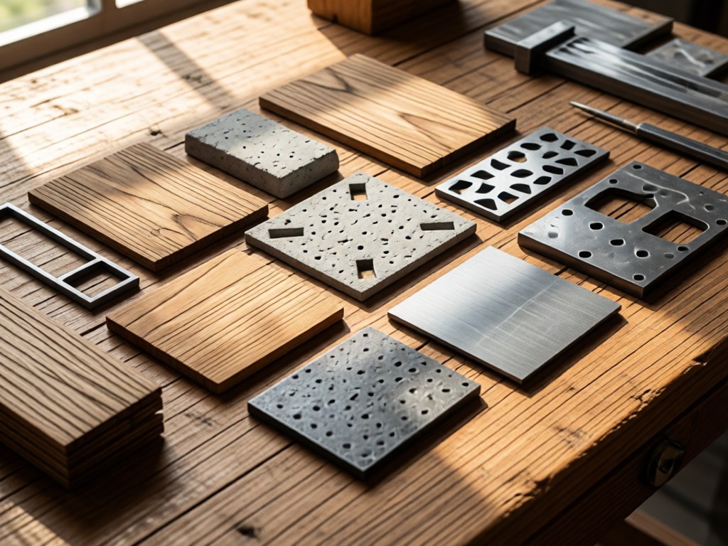 Close-up texture collage of wood grain, concrete, and steel samples. Natural light reveals tactile surfaces on a rustic worktable. Arrange samples in geometric patterns. No people.