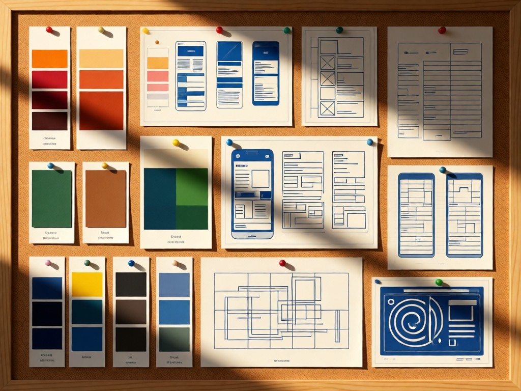 Color swatches and UX wireframes artfully arranged on a corkboard. Warm natural light creates texture depth. No people.