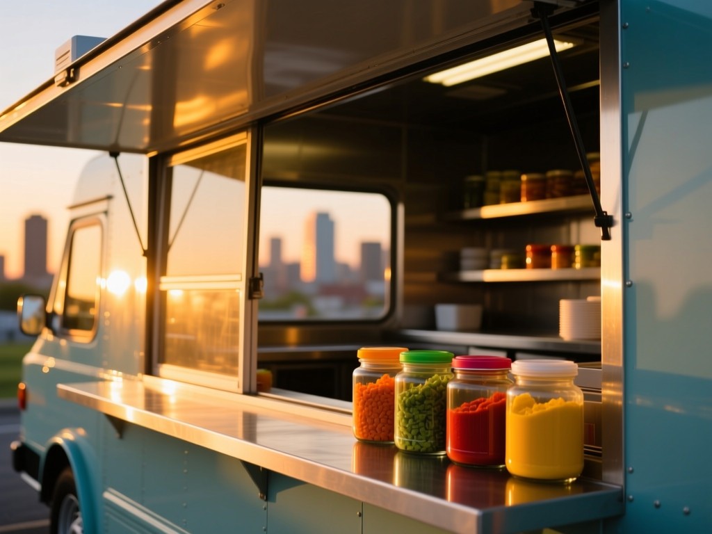 A clean, empty food truck counter at sunset with colorful ingredient jars backlit by golden light. Order window open revealing a blurred cityscape. Represents readiness and visibility. No people.