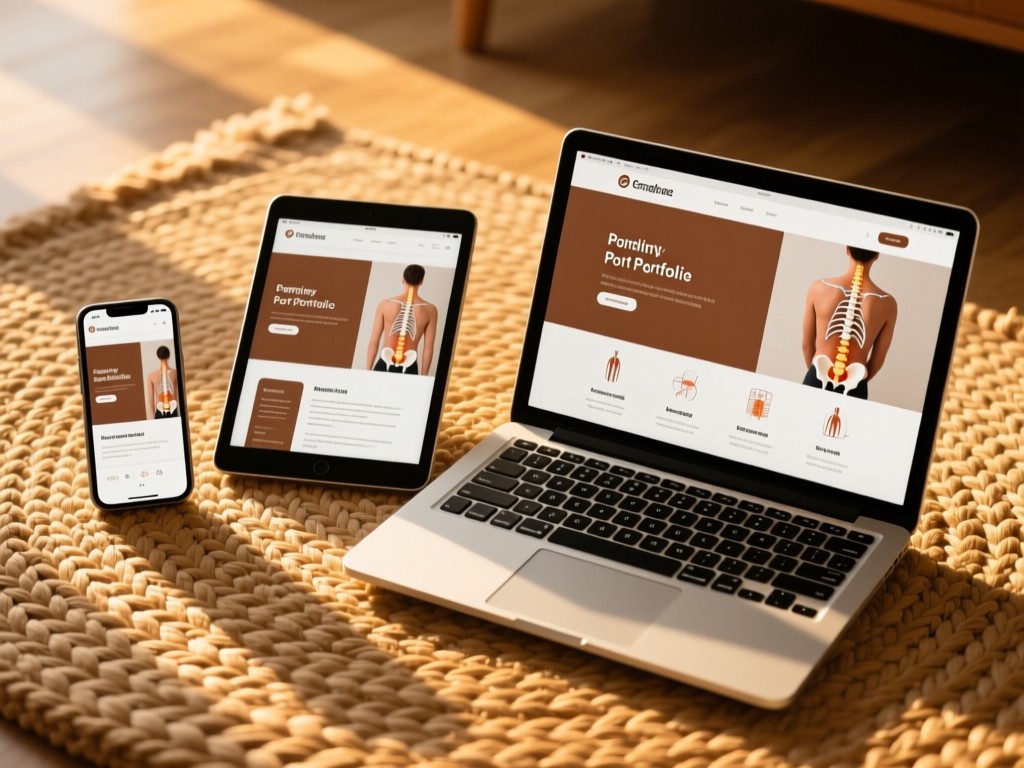 Three devices (phone, tablet, laptop) showing the same chiropractic portfolio on a woven rug. Golden hour light highlights the screen consistency. Earthy tones dominate. No people.