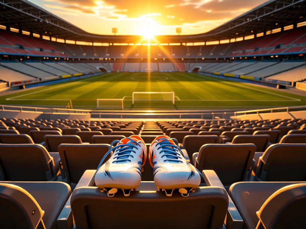 An empty stadium seat holding a pair of clean cleats facing the field. Golden sunset over the arena. Symbolizes readiness and opportunity. No people.