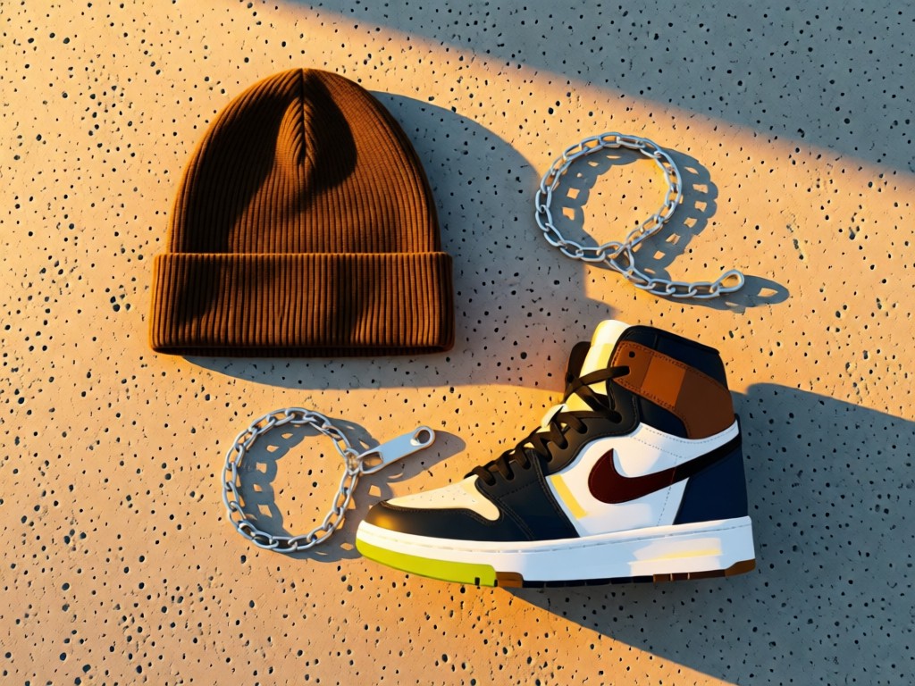 Stylized flat lay of urban accessories: beanie, chain, and custom sneakers on concrete. Golden hour lighting. Clean composition. No people.