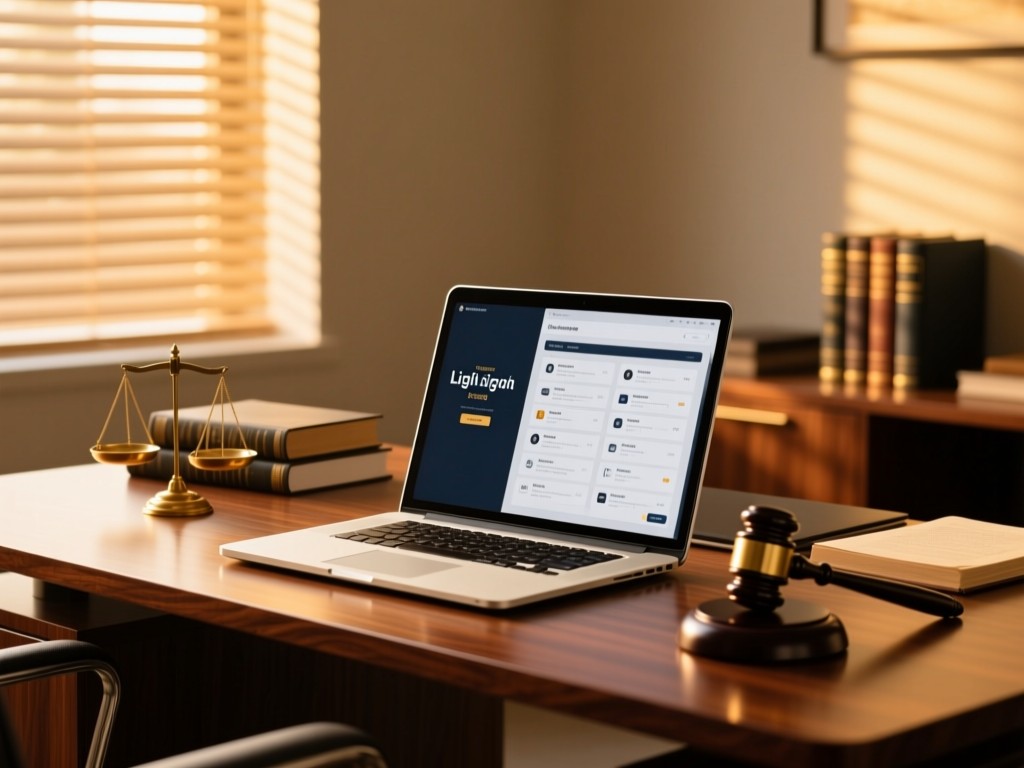 A mahogany desk during golden hour with a sleek laptop displaying an organized legal portfolio, gavel and law books in soft focus, warm sunlight filtering through blinds, minimalist professional setting.