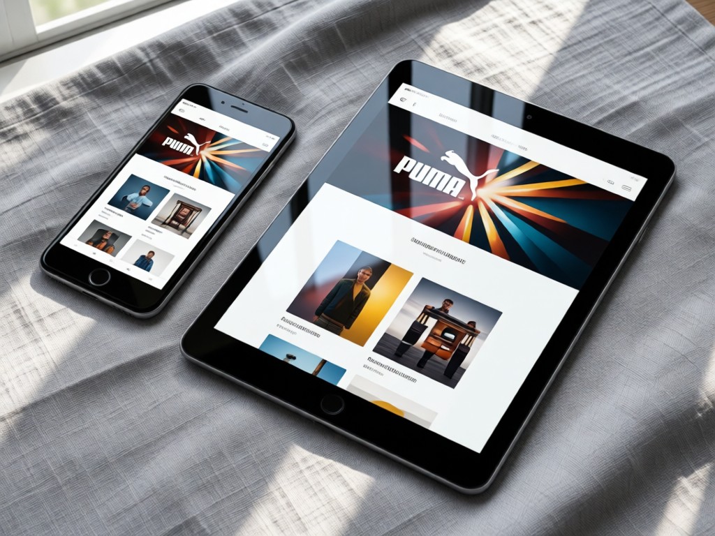 A smartphone and tablet displaying a Puma portfolio on a grey linen cloth. Devices angled to show responsive design. Natural light reflection on screens. No people.