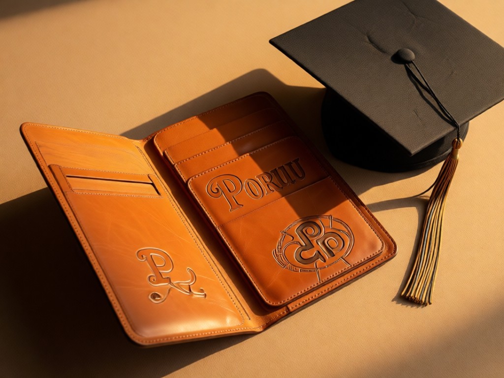 Overhead view of a professional leather portfolio open beside a graduation cap. Golden hour illuminates engraved Purdue details. Warm, aspirational, clutter-free. No people.
