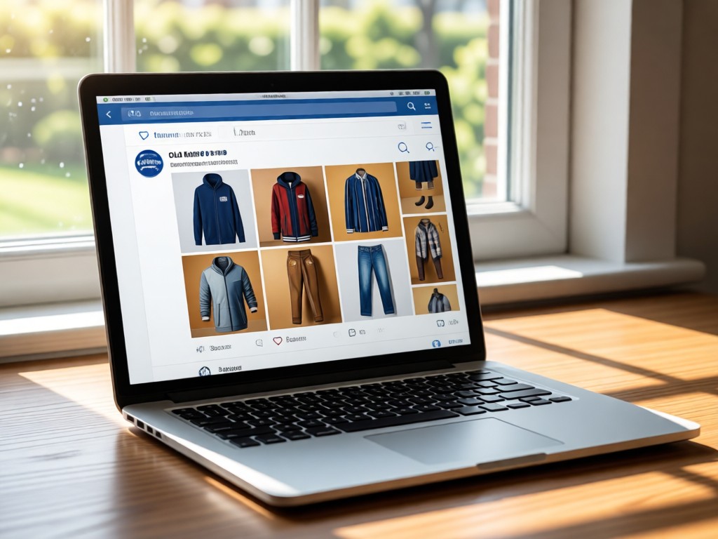 Laptop open to social feed displaying Old Navy outfits. Natural window light illuminates the scene. No people.