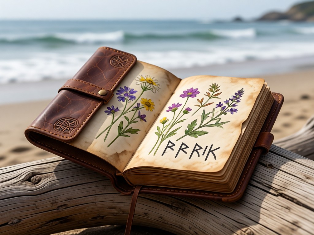 An open, weathered leather journal on driftwood, featuring pressed wildflowers and a Viking rune sketch. Soft coastal light. No people.