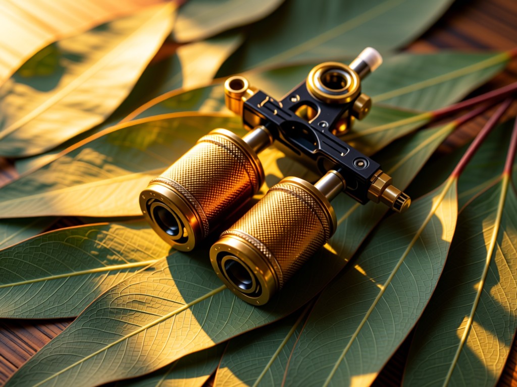 Aerial view of tattoo machine coils resting on a bed of fresh eucalyptus leaves. Golden light highlights metallic details against organic textures. Symbolizes precision meeting natural artistry. No people.