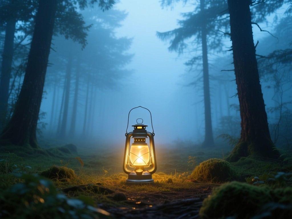 A single glowing lantern in a misty forest clearing at dawn, symbolizing guidance and clarity in health journeys, soft golden light piercing through trees, cool blue background tones blending with warmth.
