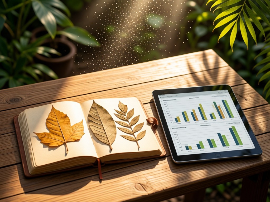 Neatly arranged gardening journal with pressed leaves beside a digital tablet displaying plant data charts. Sunlight illuminates dust particles above a rustic wooden table. Earthy color palette.