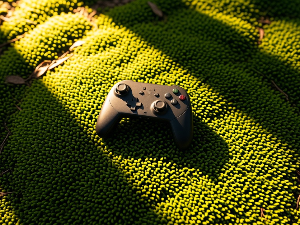 An aerial shot of a single Joy-Con controller on vibrant green moss in a forest clearing. Golden hour light creates dramatic shadows. Symbolizes focus on essential tools. No people.
