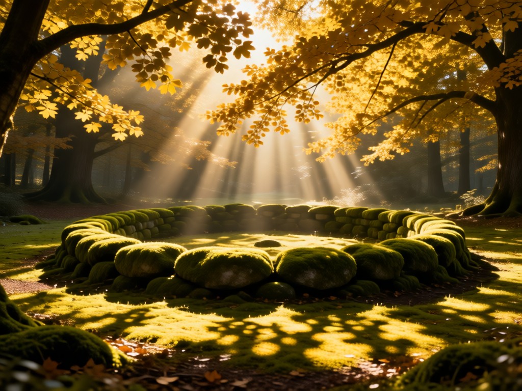 A moss-covered stone circle in a sun-dappled forest clearing. Golden light filters through oak leaves creating natural patterns. Ethereal and grounded. No people.