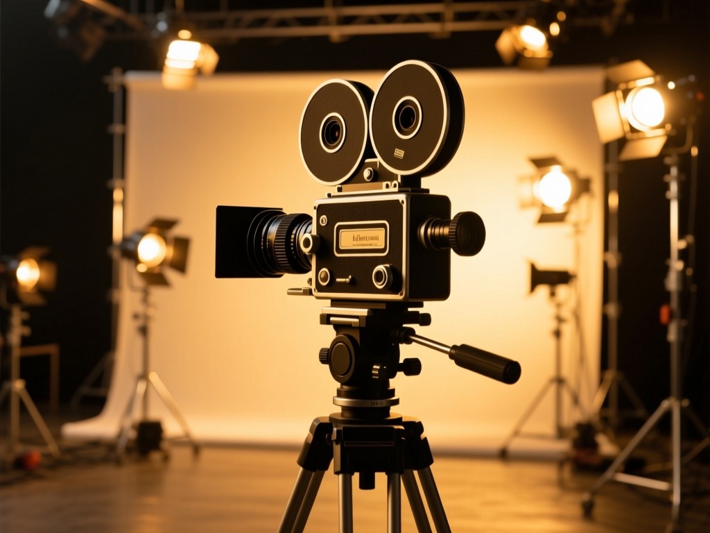 A single vintage movie camera on a tripod facing a golden-hour film set, lens focused on distant studio lights, symbolizing professional opportunity, warm tones, no people.