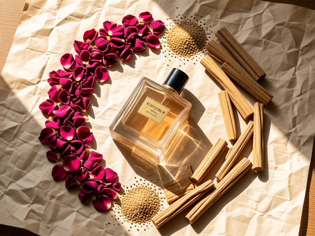 Overhead shot of perfume ingredients like rose petals and sandalwood arranged artistically on handmade paper. Soft sunlight highlights textures and natural colors. No people.