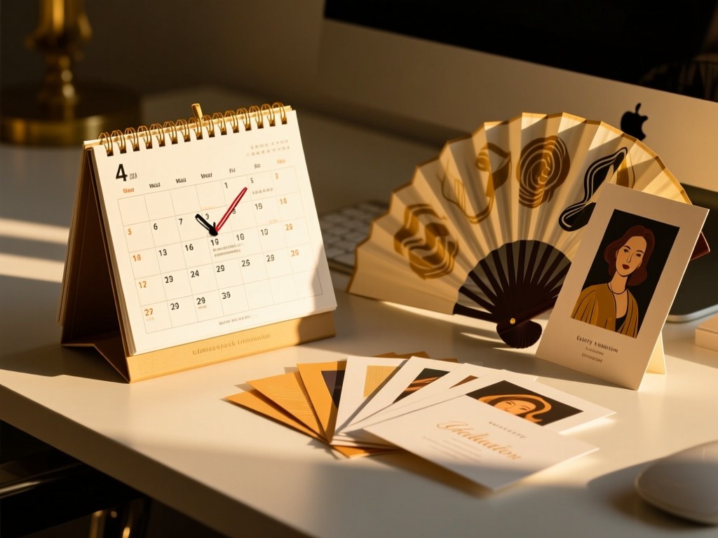 A stylish desk calendar open to a marked event date. Nearby, gallery invitation cards fan out artistically. Golden hour lighting creates long shadows.
